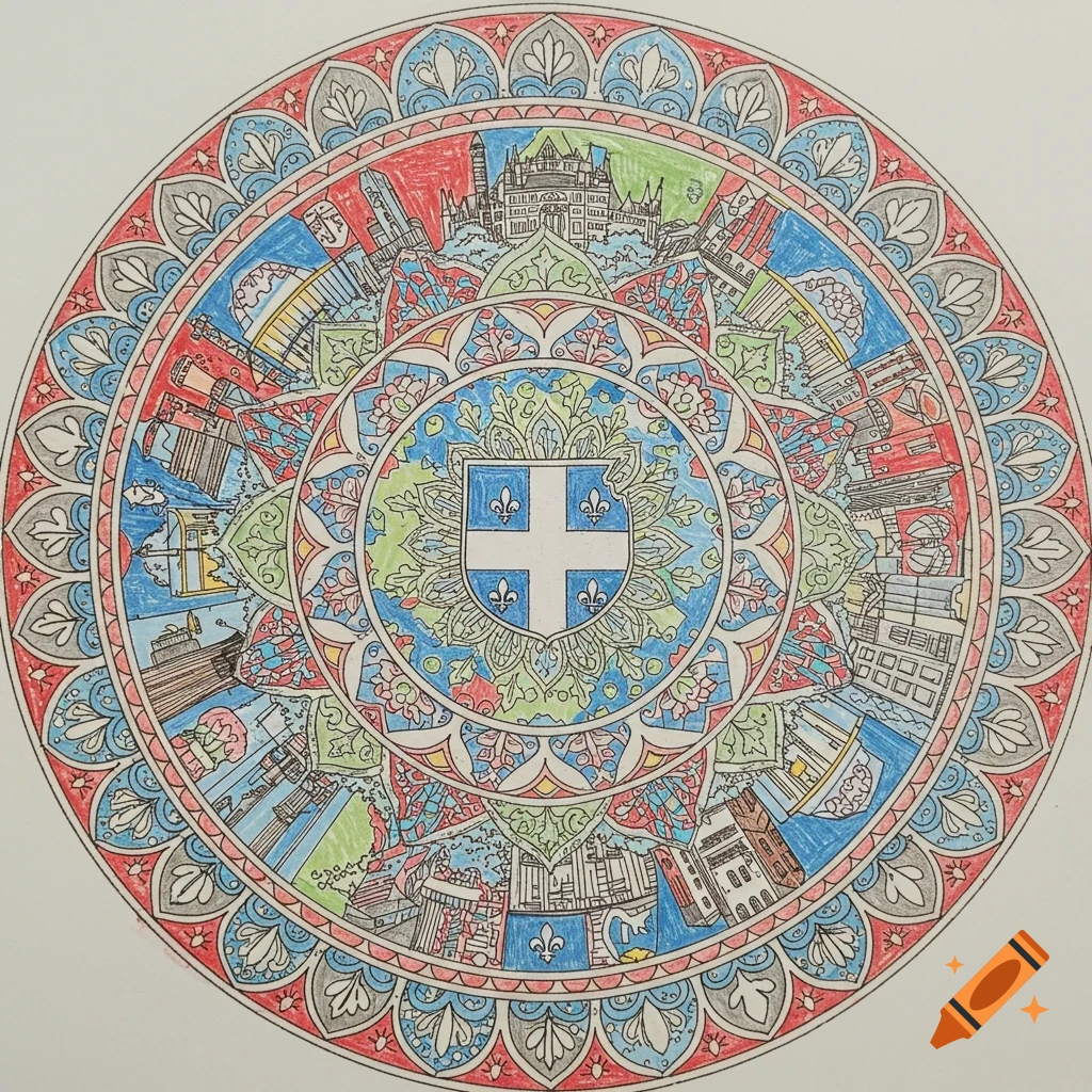 A colorful mandala design in coloring page style featuring Quebec landmarks and symbols.