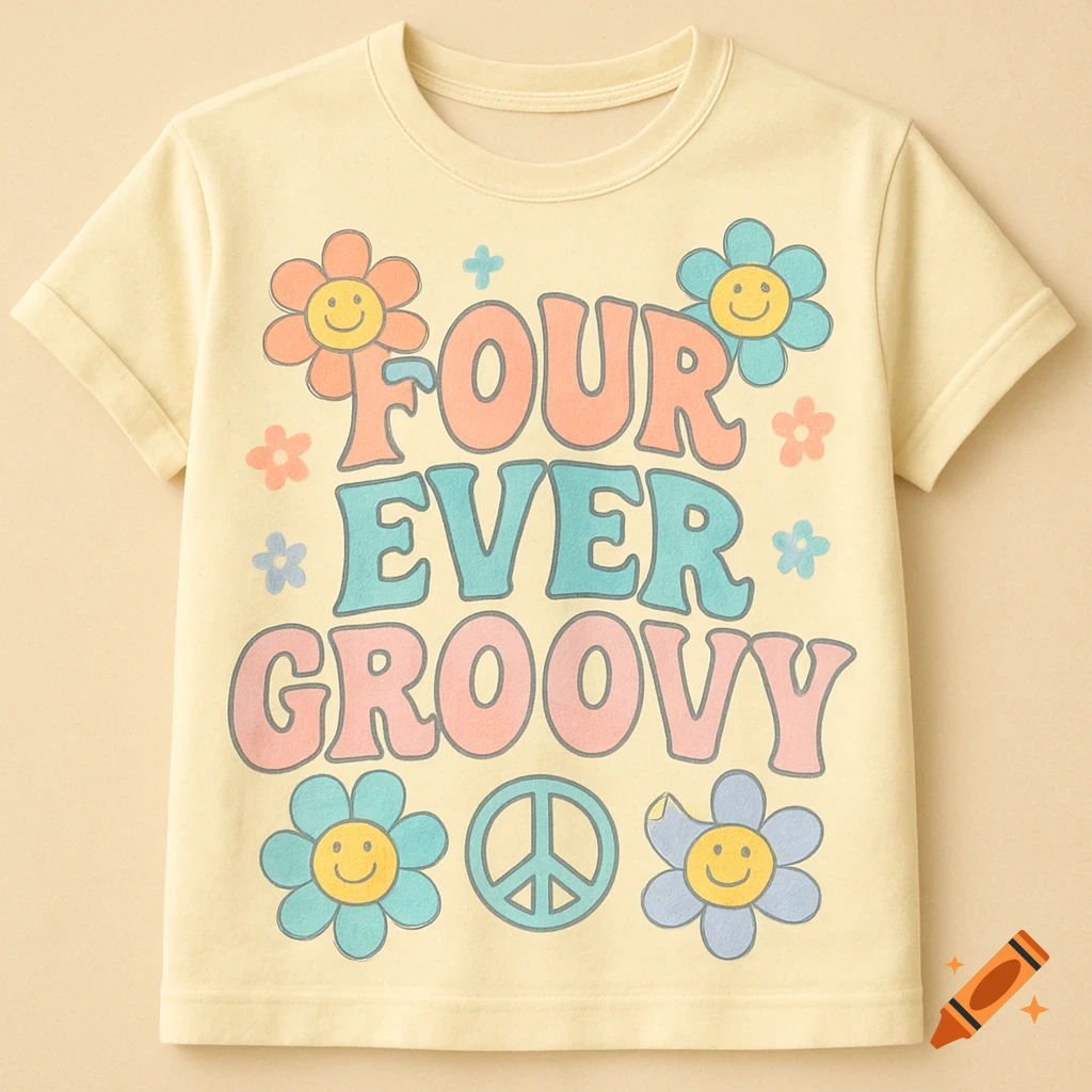 A light yellow t-shirt with the text "FOUR EVER GROOVY", pastel flowers with smiley faces, and a peace sign graphic.