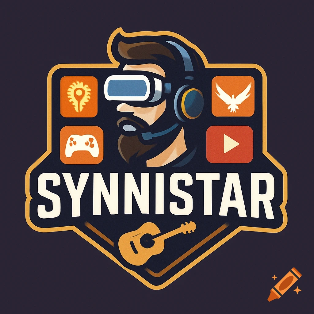 Logo with stylized person in VR headset and headphones, icons for gaming, streaming, music, and text SYNNISTAR