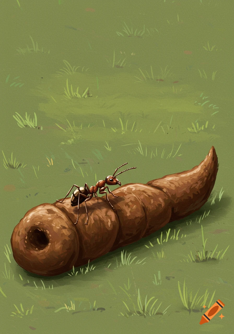 An ant stands on a long piece of poop in grass. Illustration.
