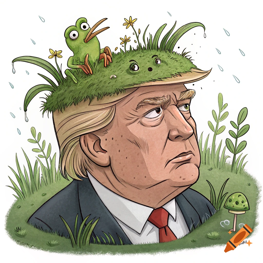 A cartoon illustration of a person resembling Donald Trump with a swamp-like head featuring a frog and plants.