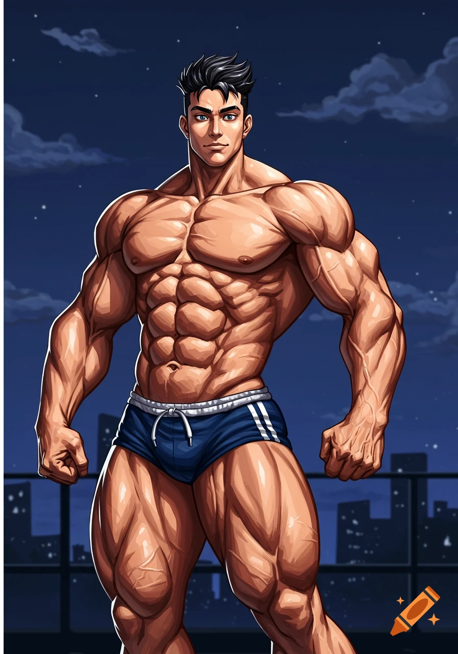 A muscular man in blue athletic shorts stands against a night sky backdrop.