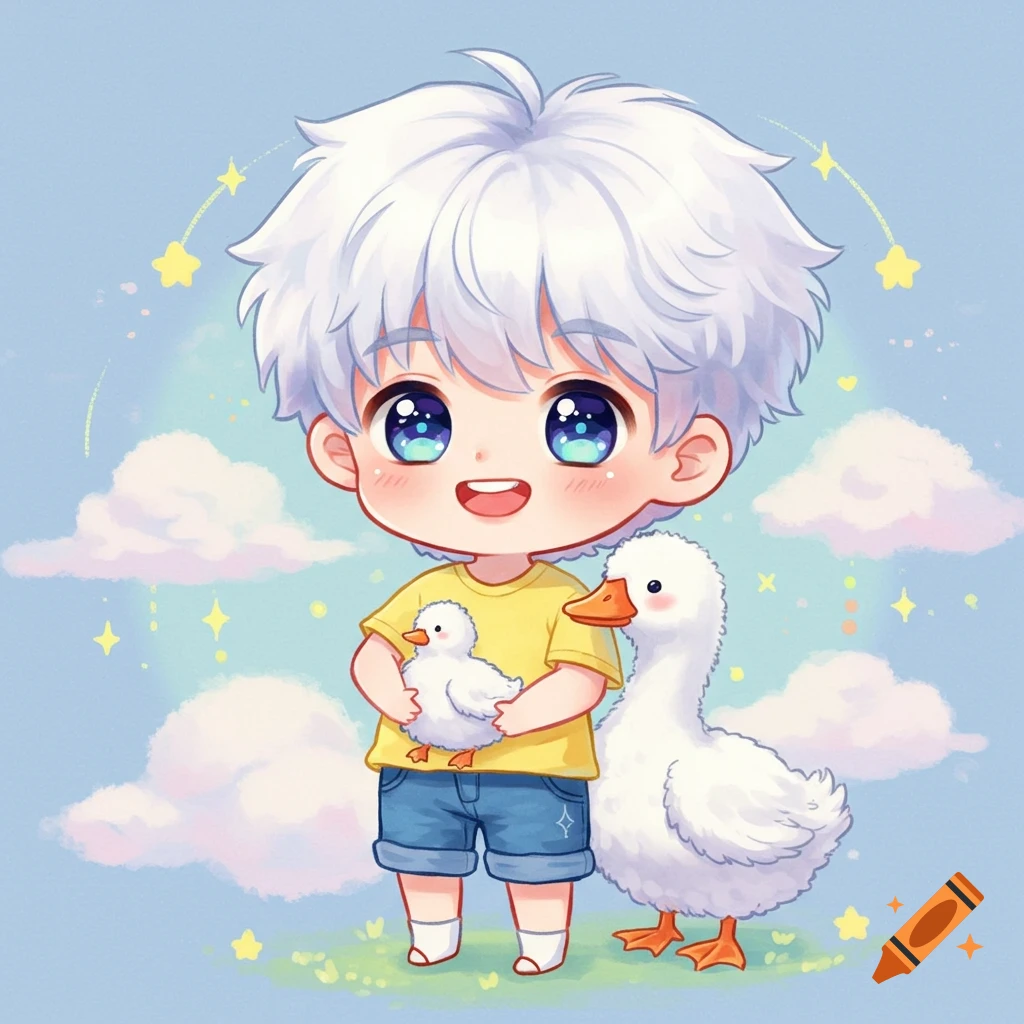 Chibi anime boy holding a duck next to a larger duck in a field with clouds and stars.