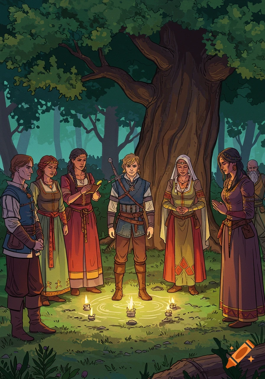 A group of people in fantasy clothing stand in a circle around candles in a forest clearing, performing a ritual.