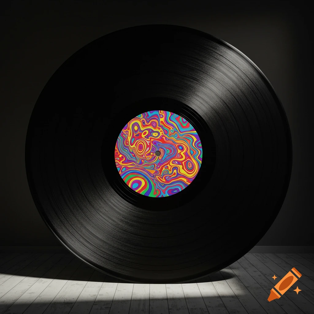 A large vinyl record with a colorful abstract label leans against a wall with dramatic lighting.