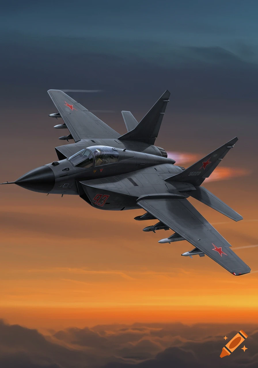 A dark grey fighter jet with red markings flies through a cloudy sky at sunset.