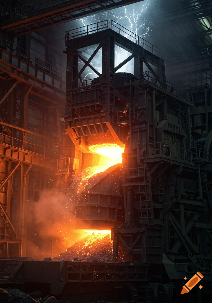 Molten metal pours from a massive furnace structure inside a factory, with lightning visible through an opening above.