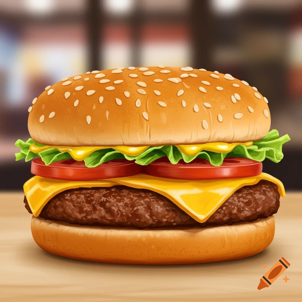 Stylized illustration of a cheese burger with lettuce and tomato