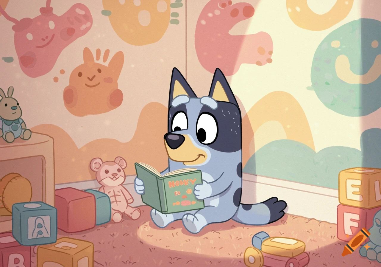 Cartoon dog Bluey sits in a sunny toy-filled room reading a book.