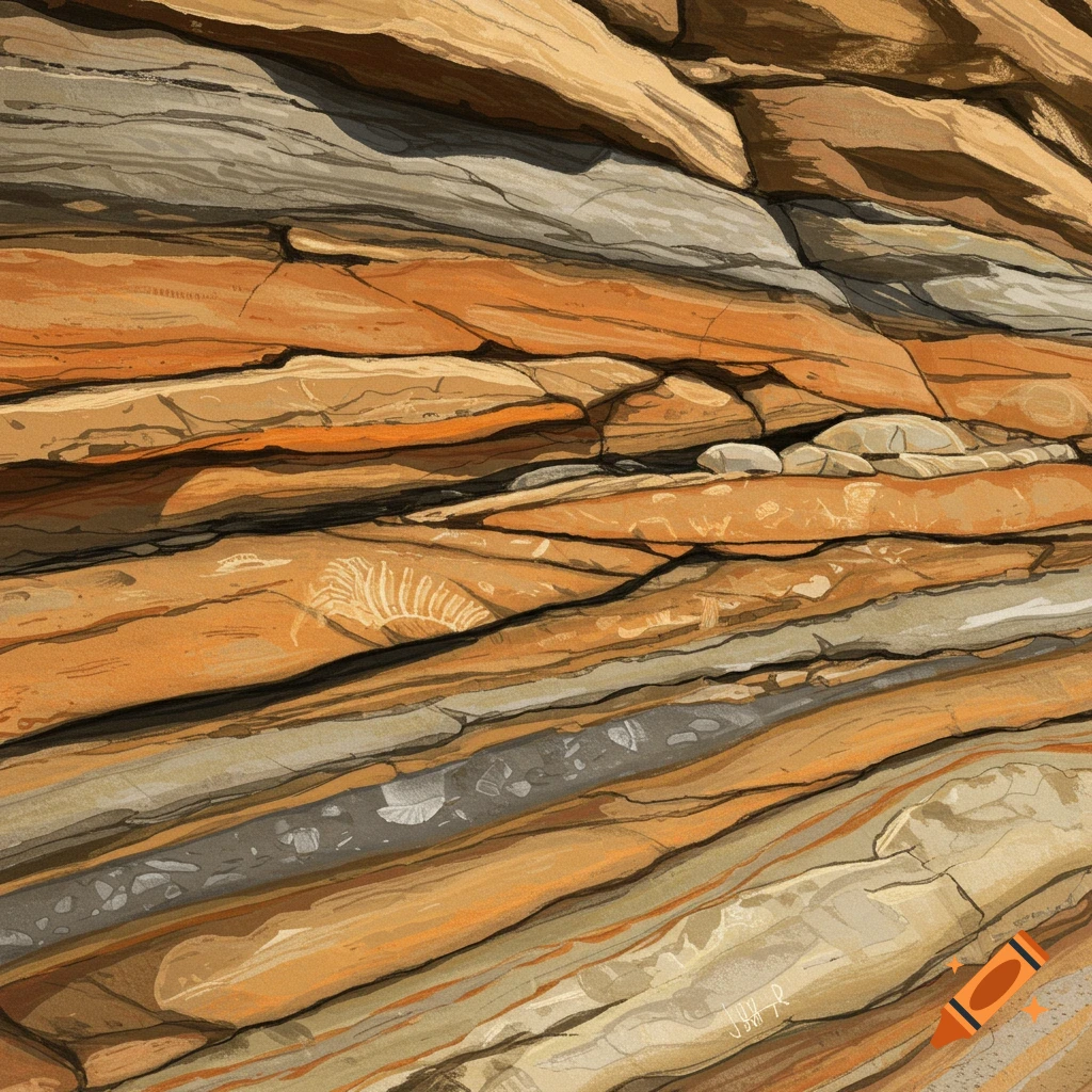 Detailed illustration of layered sedimentary rock with orange, grey, and brown strata.