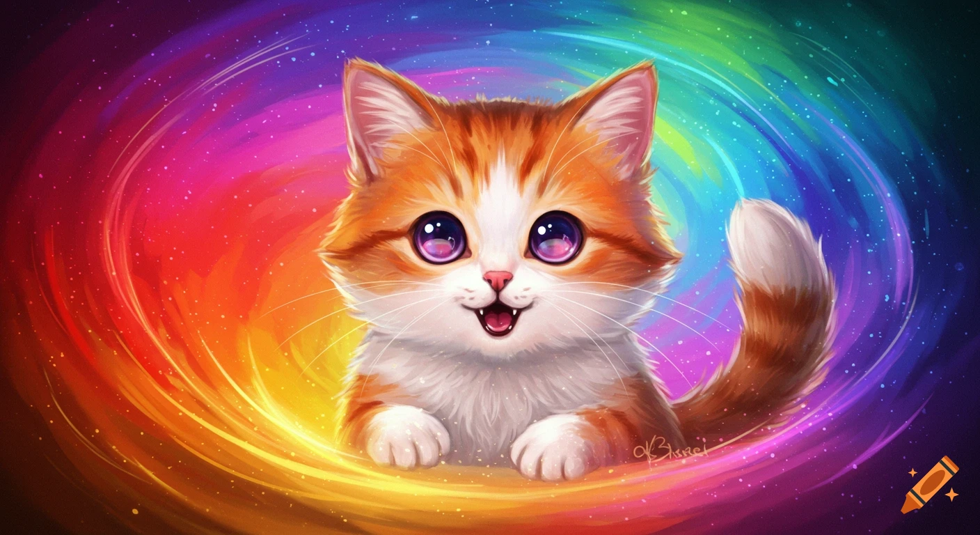 Cute cartoon cat with big purple eyes and a happy smile against a swirling rainbow background.