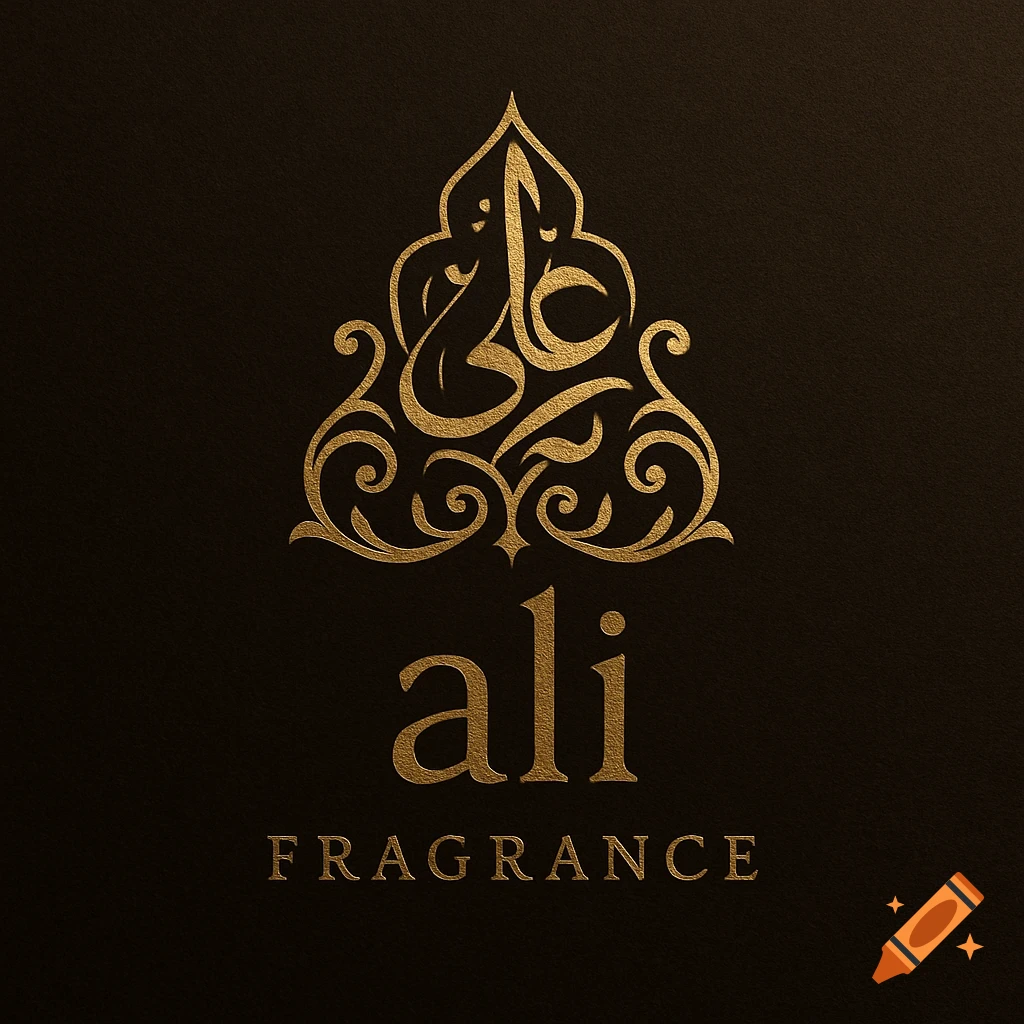 Golden luxury logo with Arabic calligraphy and text 'ali FRAGRANCE' on dark background.