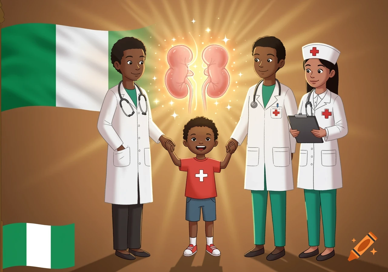 Cartoon illustration of a child holding hands with doctors, with glowing kidneys and the Nigerian flag.