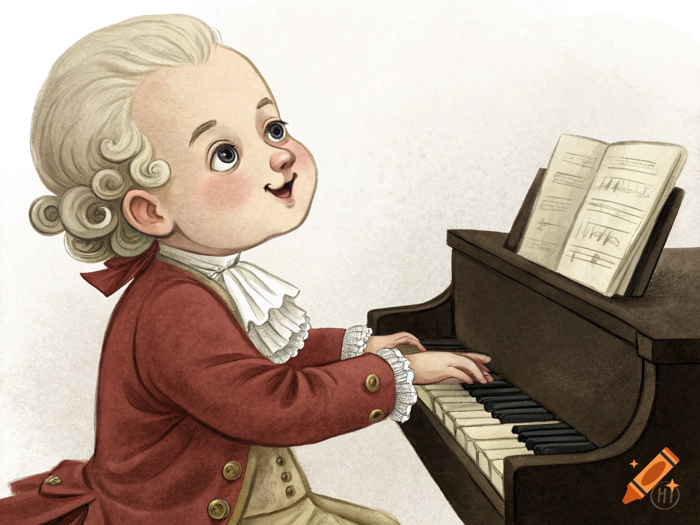Cartoon illustration of a baby Mozart playing a piano