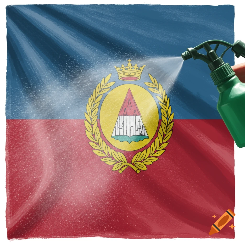 A flag with an emblem is being sprayed by a green bottle.