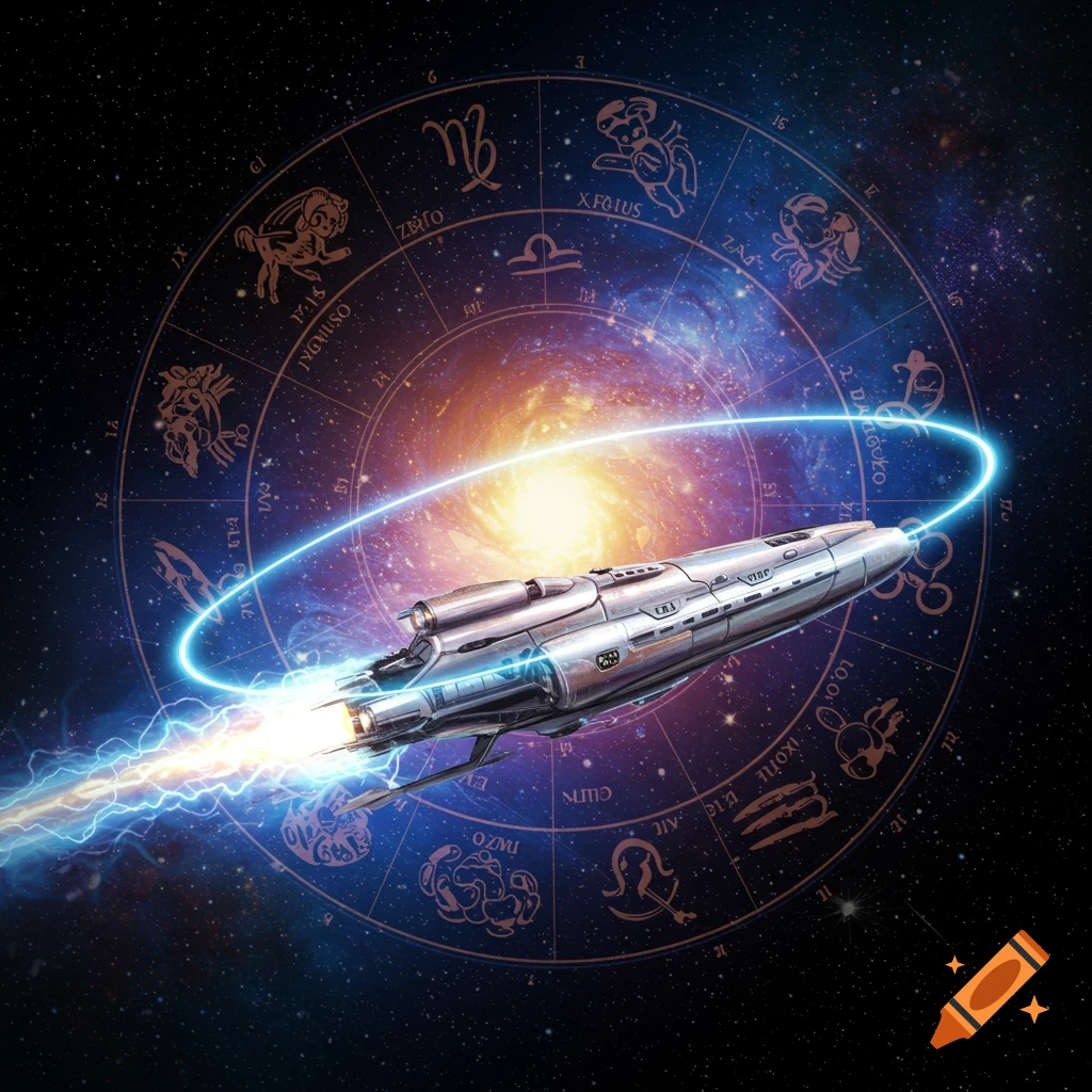 A silver spaceship flies through space past a galaxy and a zodiac wheel.