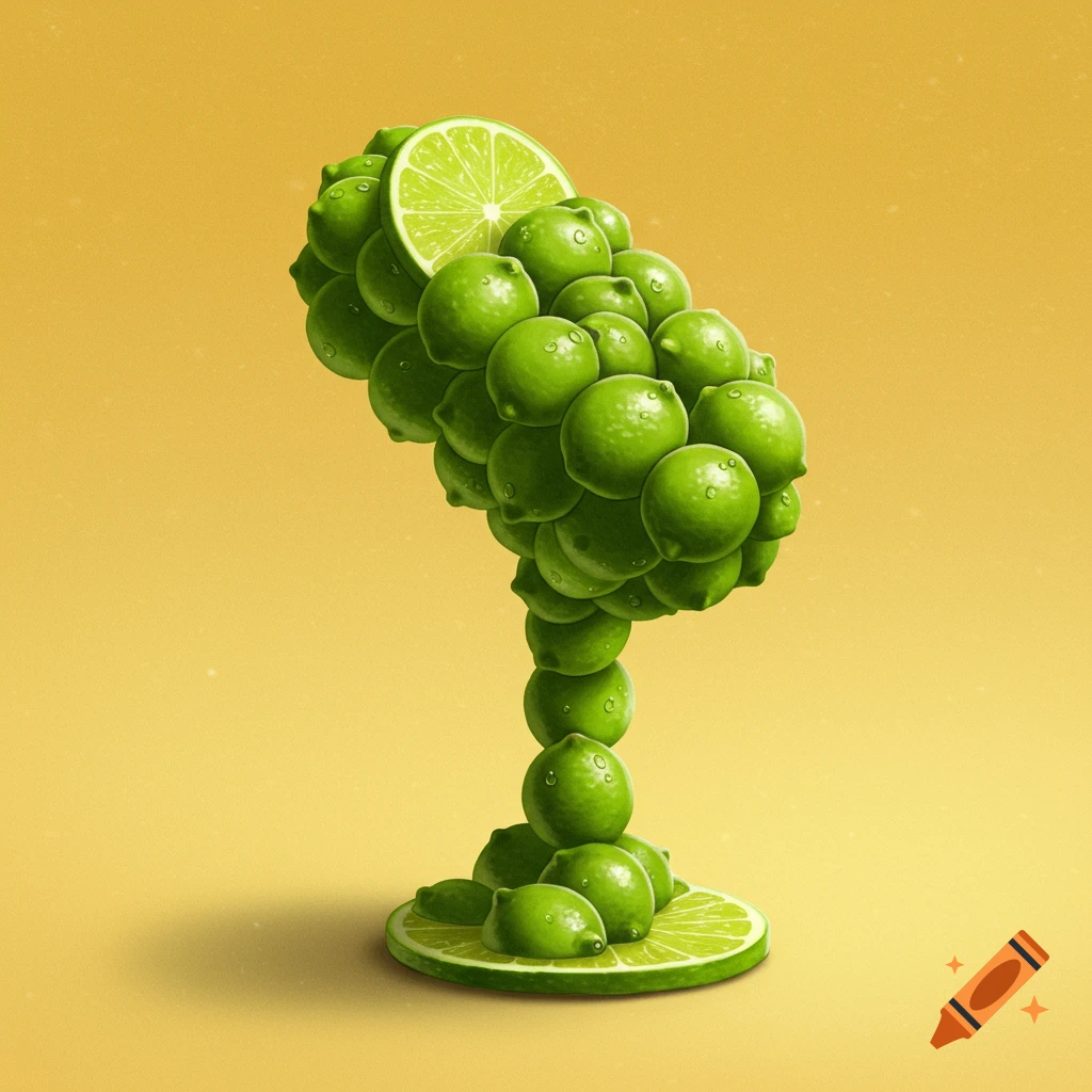 A microphone sculpture made of limes against a yellow background.
