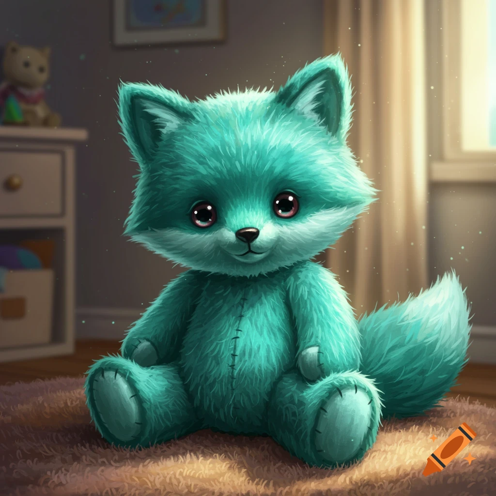A teal fox teddy bear sits on a rug in a room.