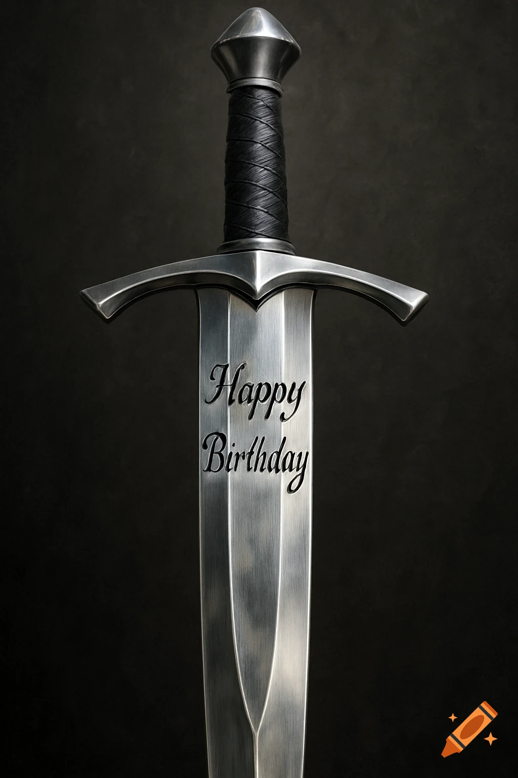 Close-up photo of a sword blade engraved with Happy Birthday