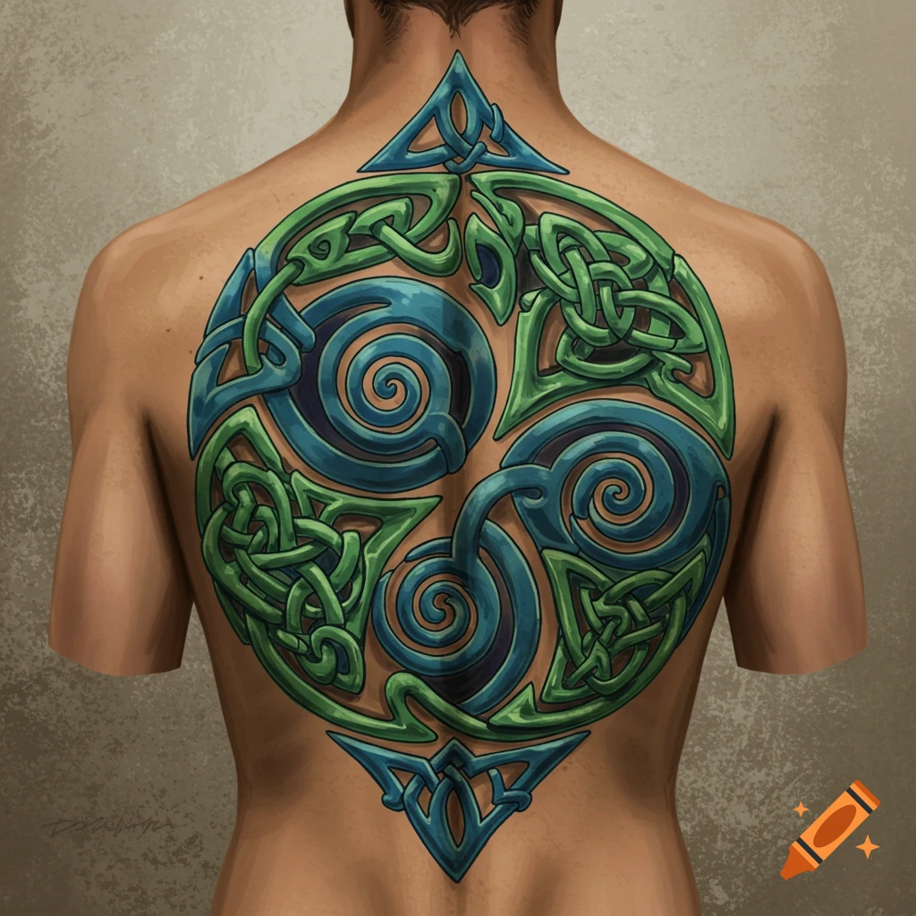 Large green and blue Celtic knot tattoo on a person's back.