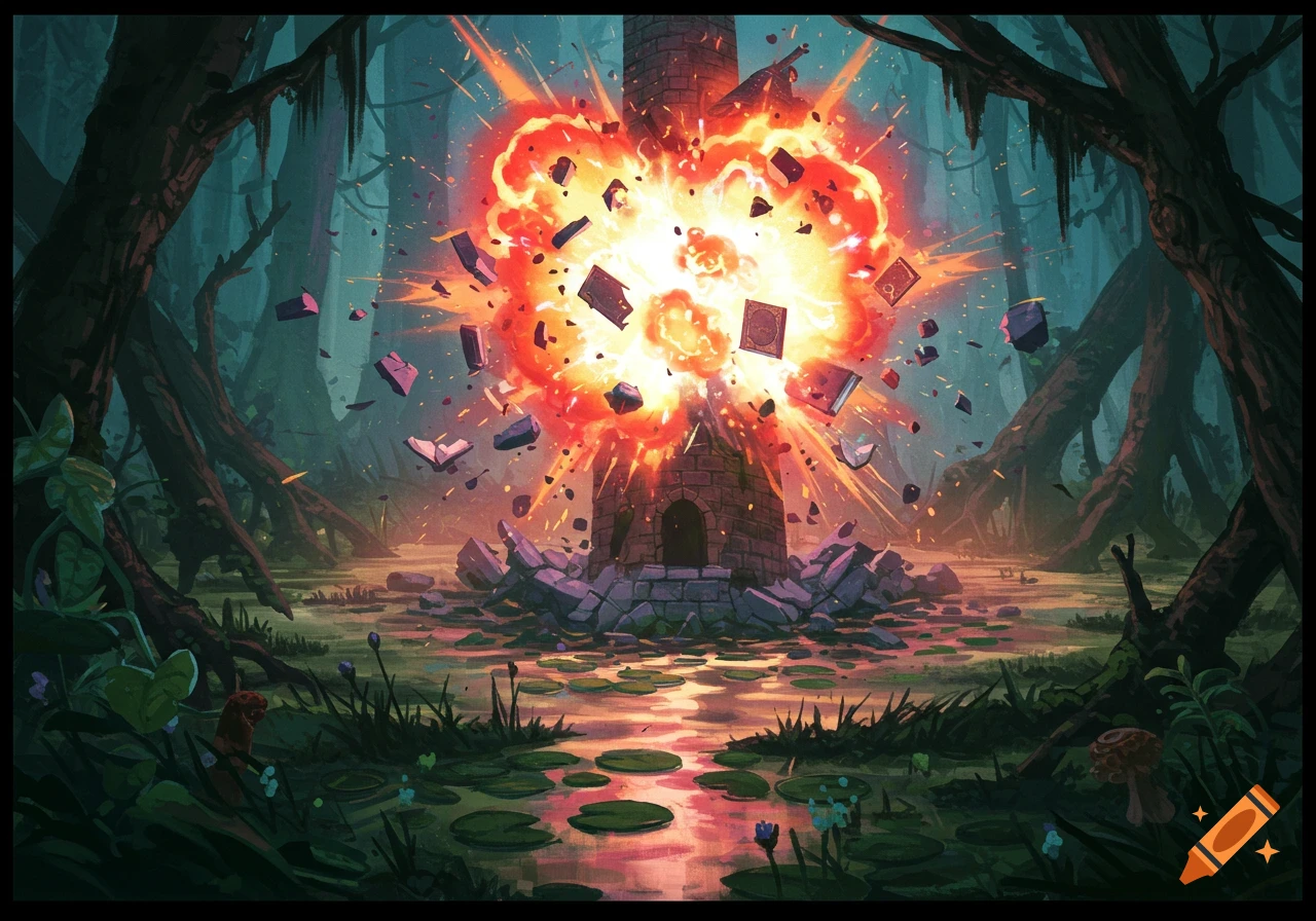 An explosion tears through a wizard tower in a dark swamp, scattering books and debris.