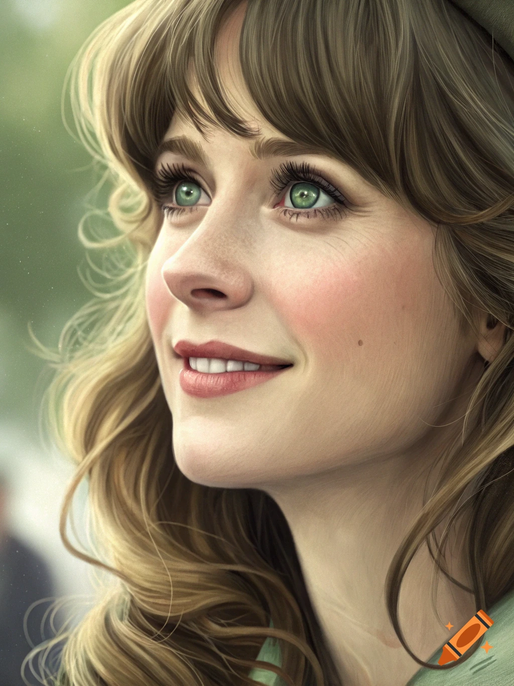 Close-up photorealistic portrait of a woman with green eyes looking up