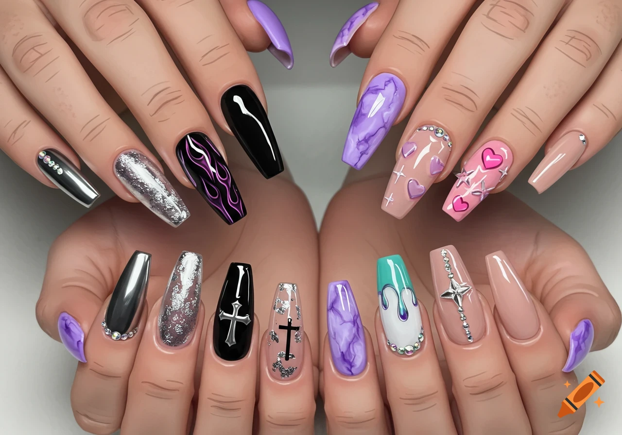 Close-up of two hands displaying various decorated coffin nails with chrome, glitter, hearts, crosses, and flame designs.