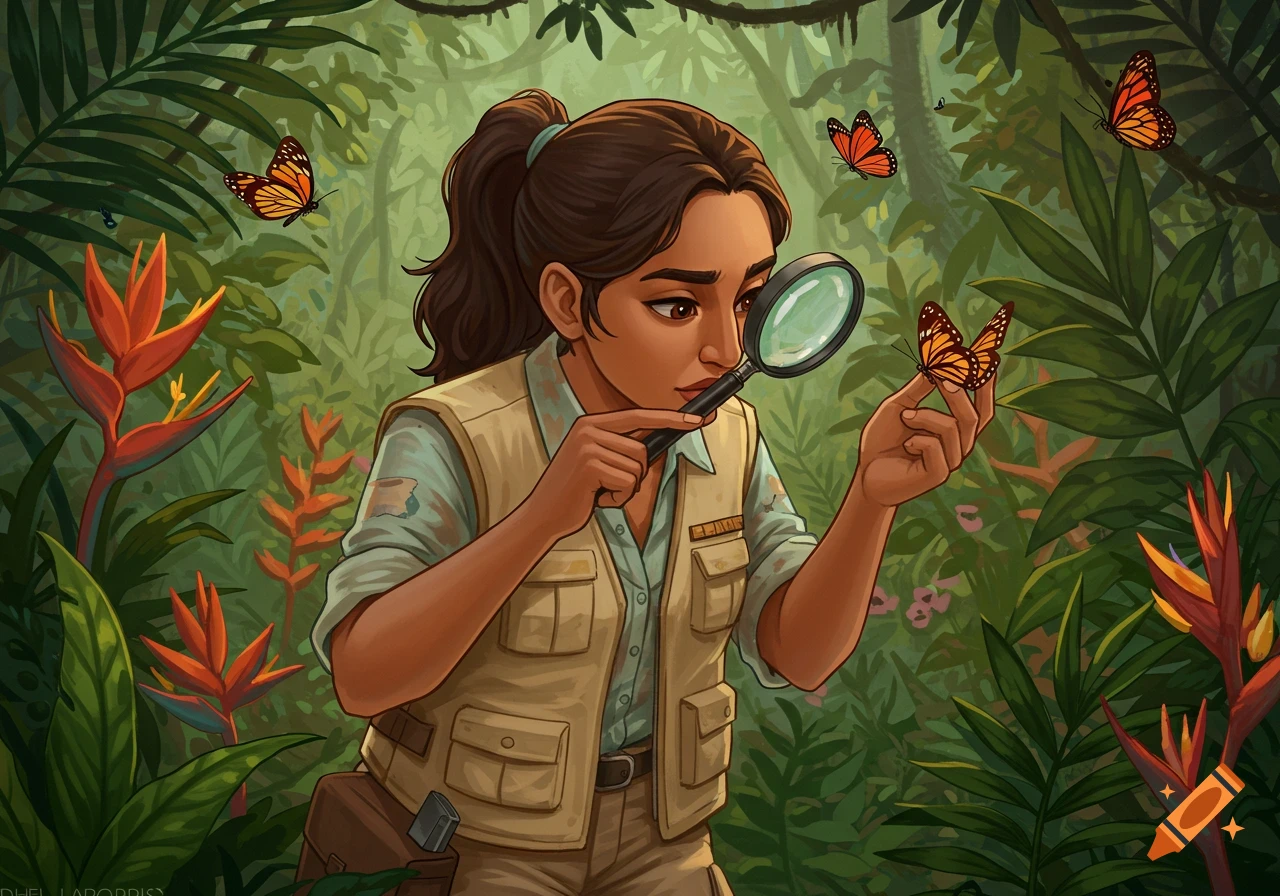 Illustration of a field biologist examining a butterfly with a magnifying glass in a lush jungle.