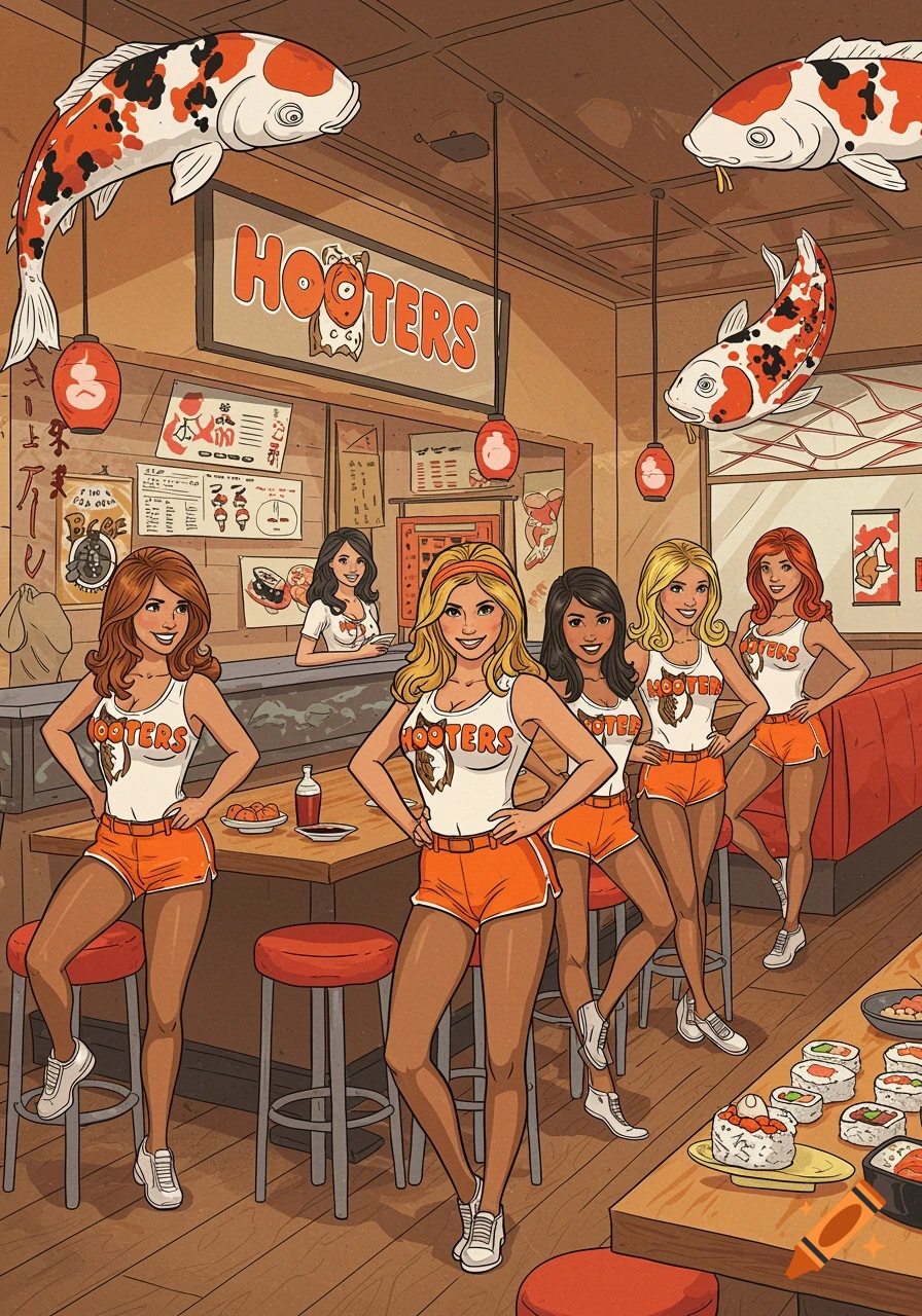 Cartoon image of women in Hooters uniforms inside a sushi restaurant with hanging fish decorations.