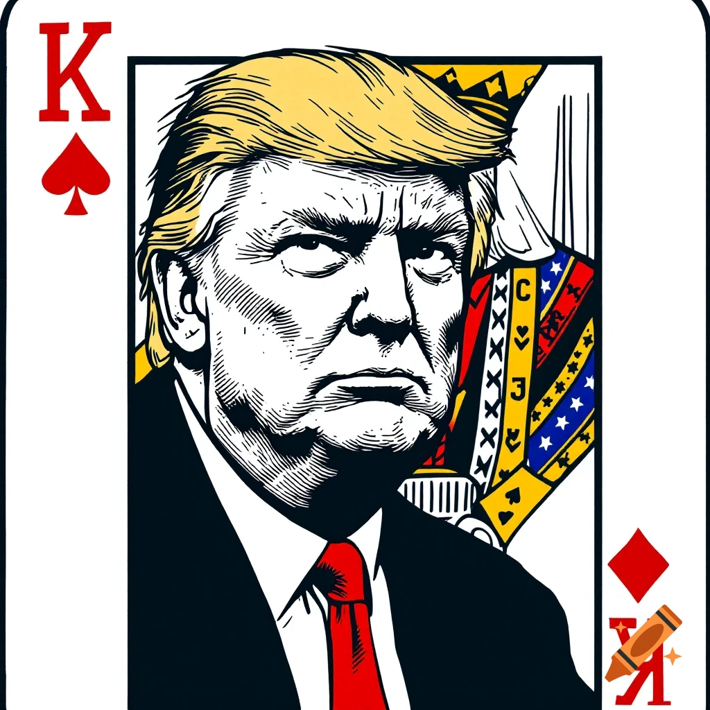Illustration of Donald Trump's face on a King of Spades playing card.