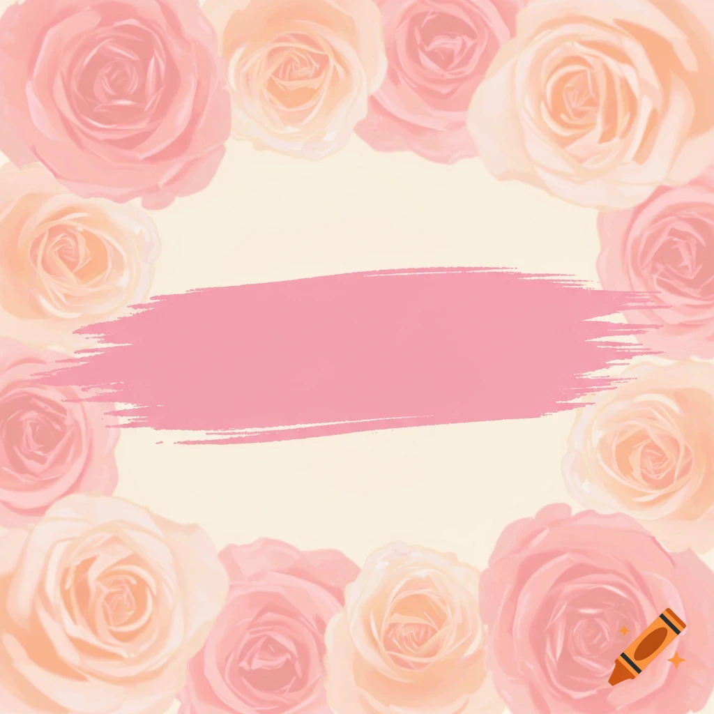 Blurry pink and peach roses form a border around a creamy background with a pink smudge in the center.
