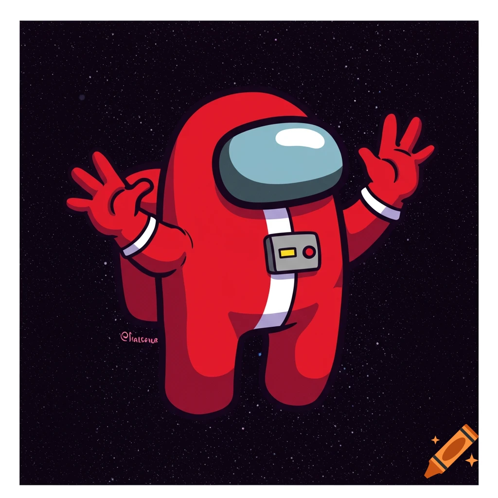 A red Among Us character floats in space, waving with both hands, in a cartoon style.