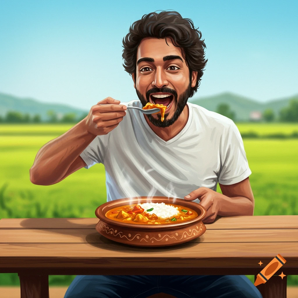 A man happily eats a bowl of curry and rice at a wooden table outdoors, digital illustration.