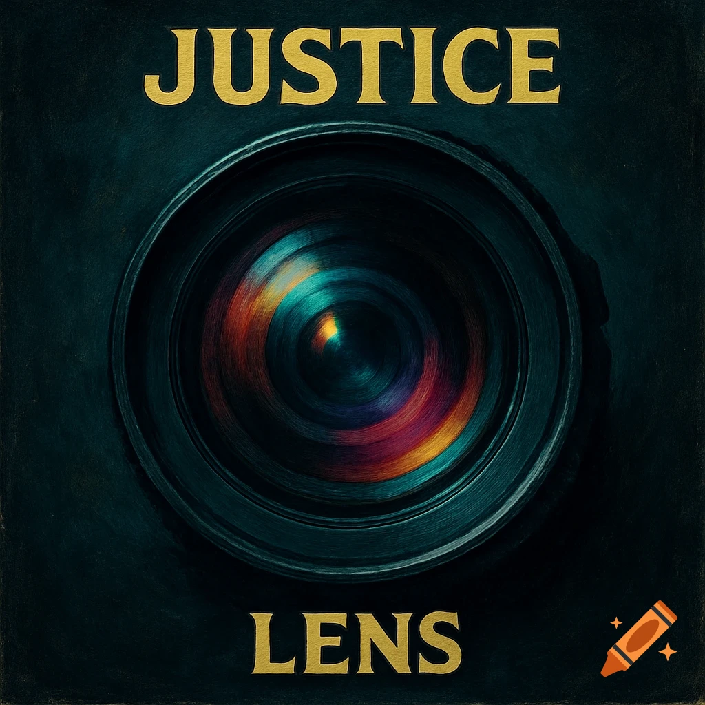 Album cover graphic with gold text JUSTICE and LENS around a stylized camera lens with swirling colors.
