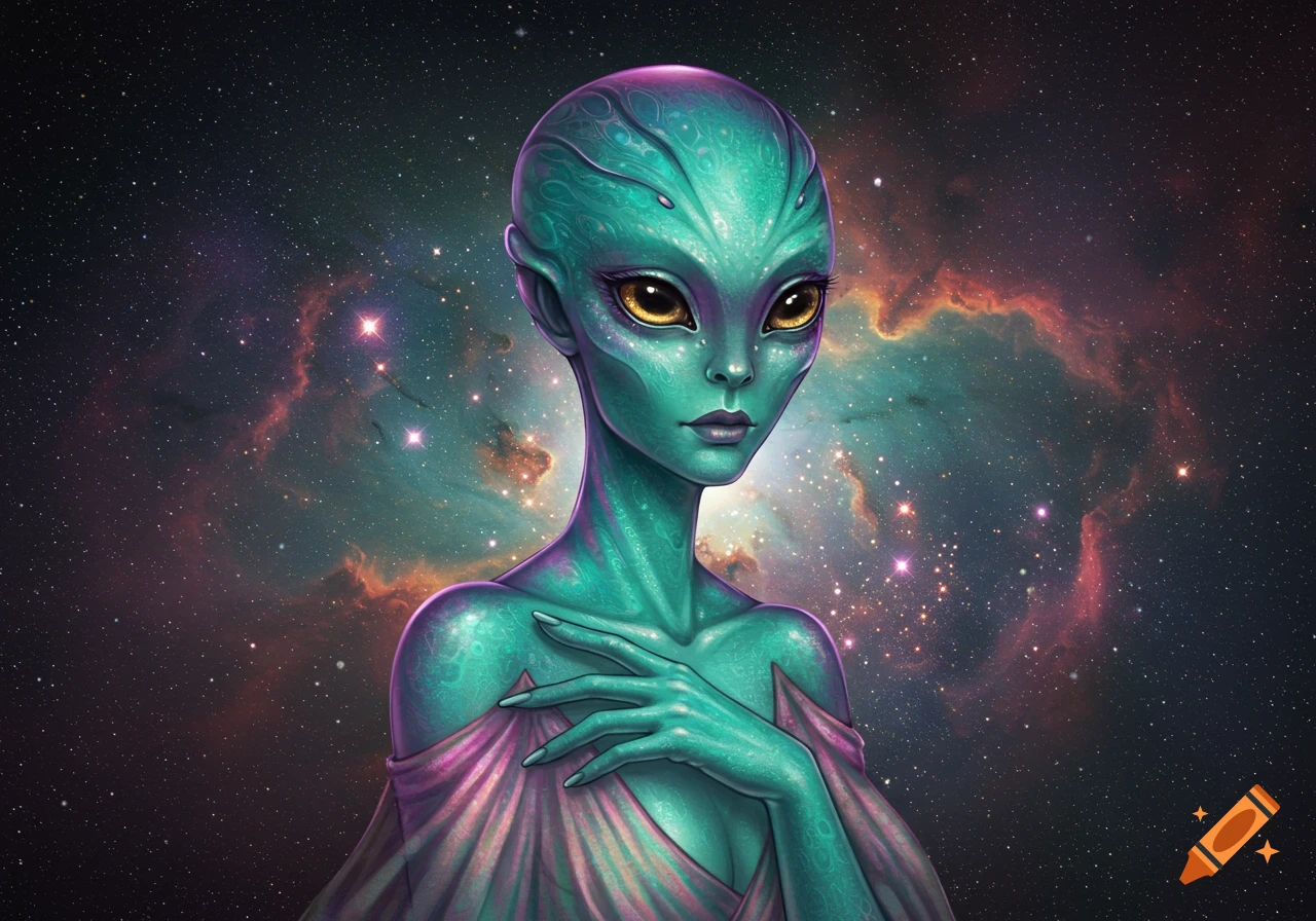 An alien with green skin and yellow eyes in space.