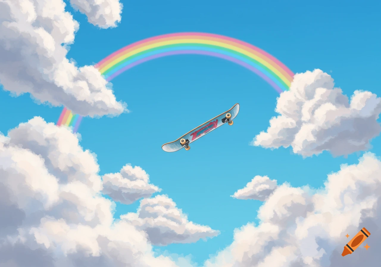 A skateboard flies through a bright blue sky with clouds and a rainbow.