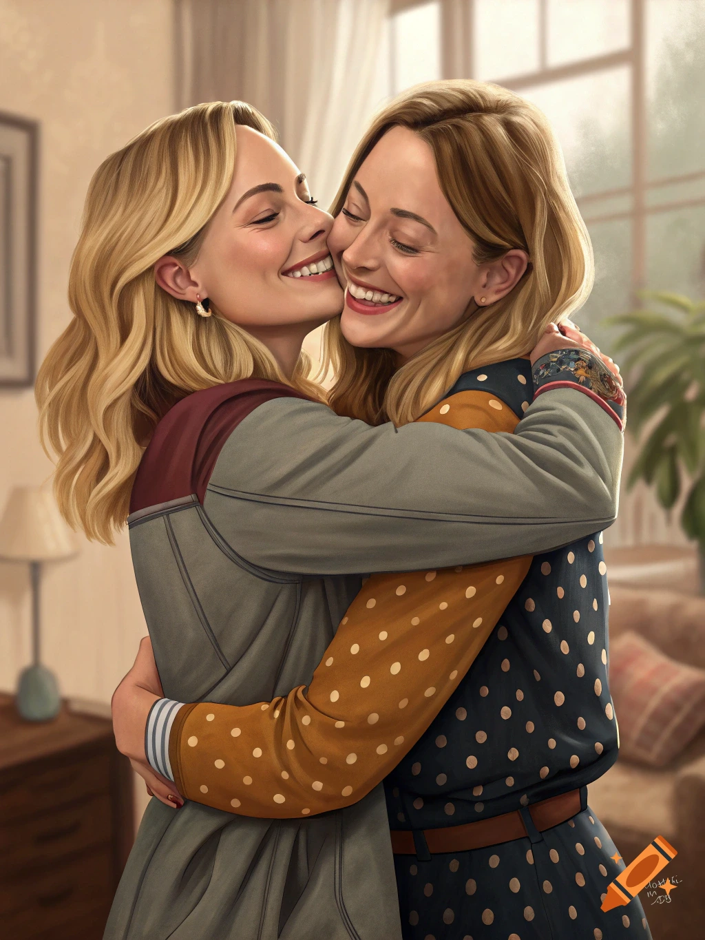 Two blonde women hugging and smiling in a room, painterly style.