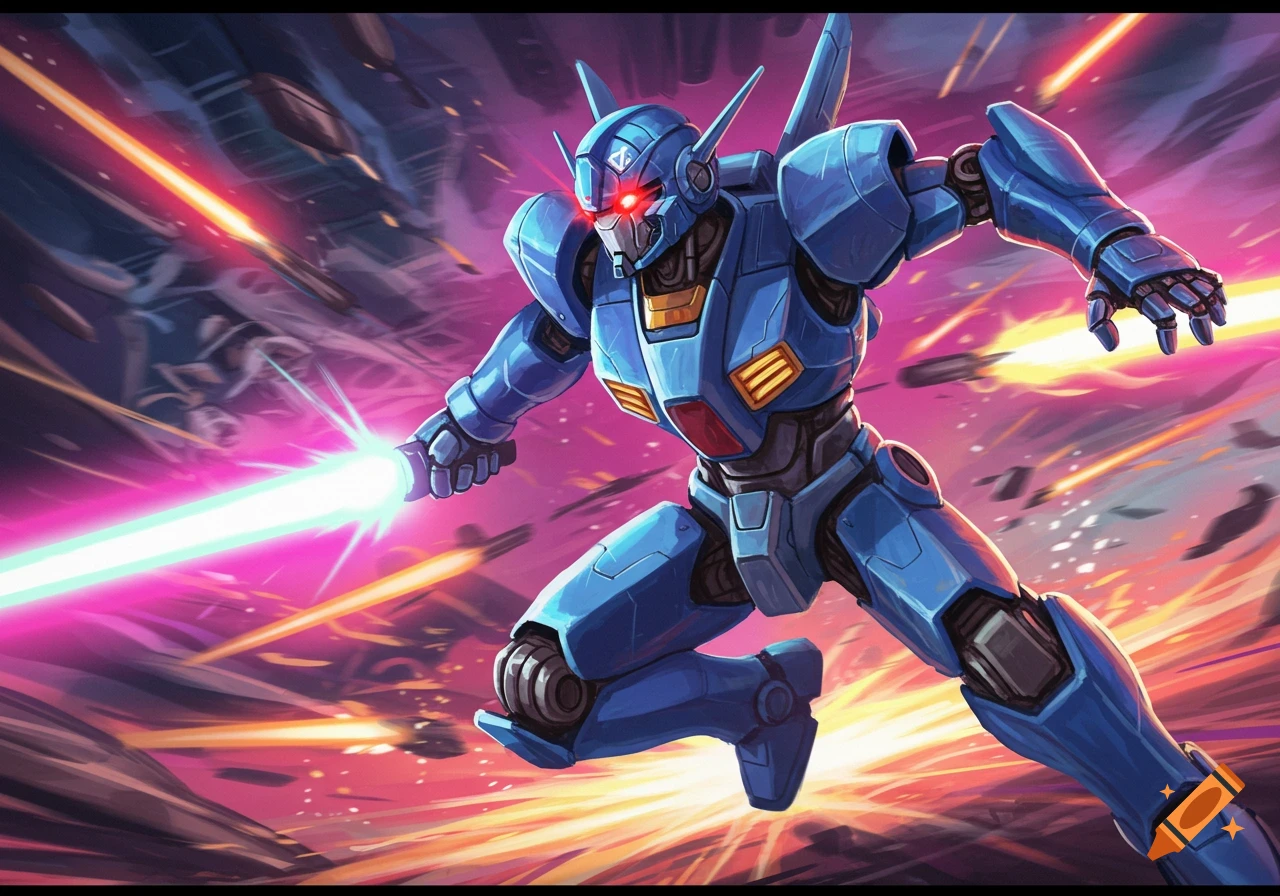 A blue mecha robot battles with a glowing energy sword in a dynamic sci-fi scene.