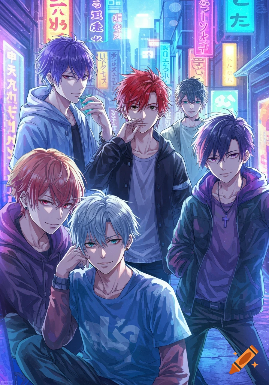 Group of young anime men standing in a neon-lit city street.