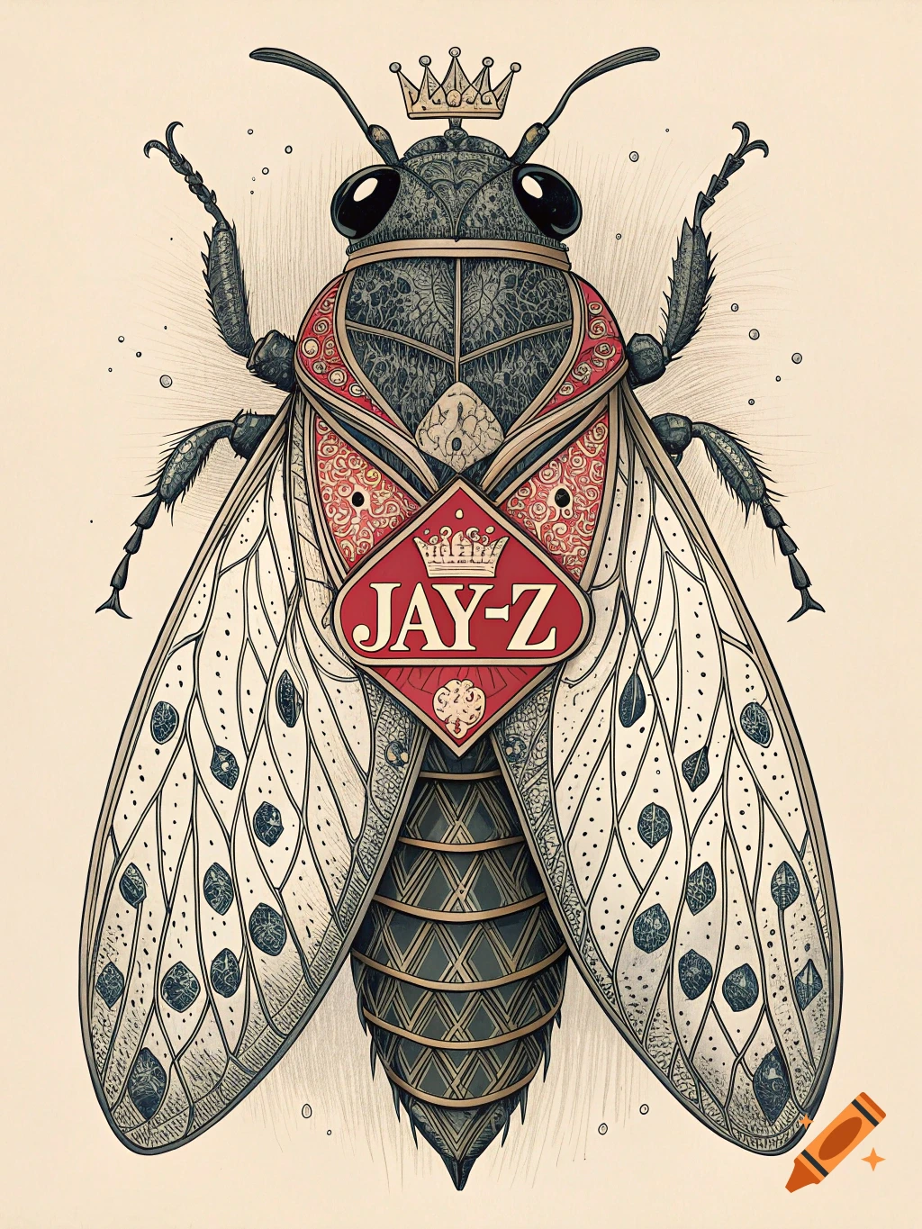 Stylized illustration of a crowned insect with a shield on its back labeled JAY-Z.