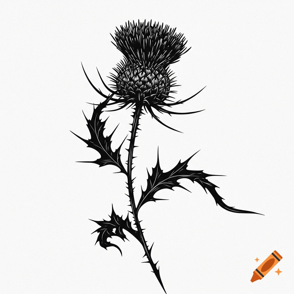 Black and white illustration of a thistle plant.