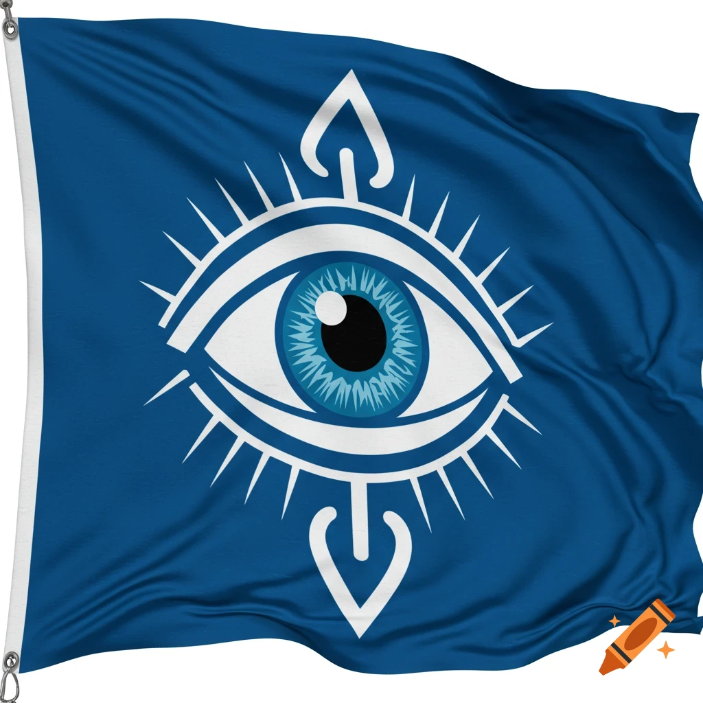 A blue flag waves with a large stylized eye symbol in white.