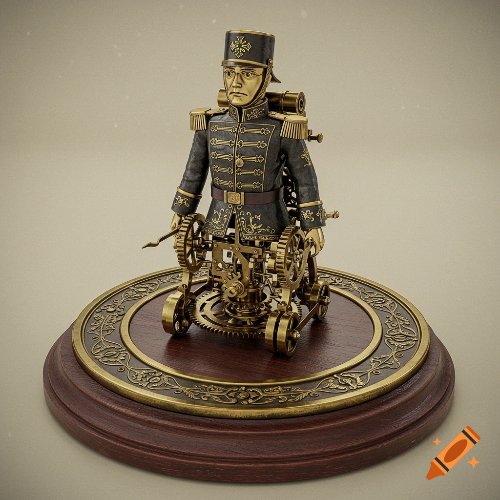 An intricate clockwork soldier figure in a detailed uniform stands on a gear-covered wooden base.