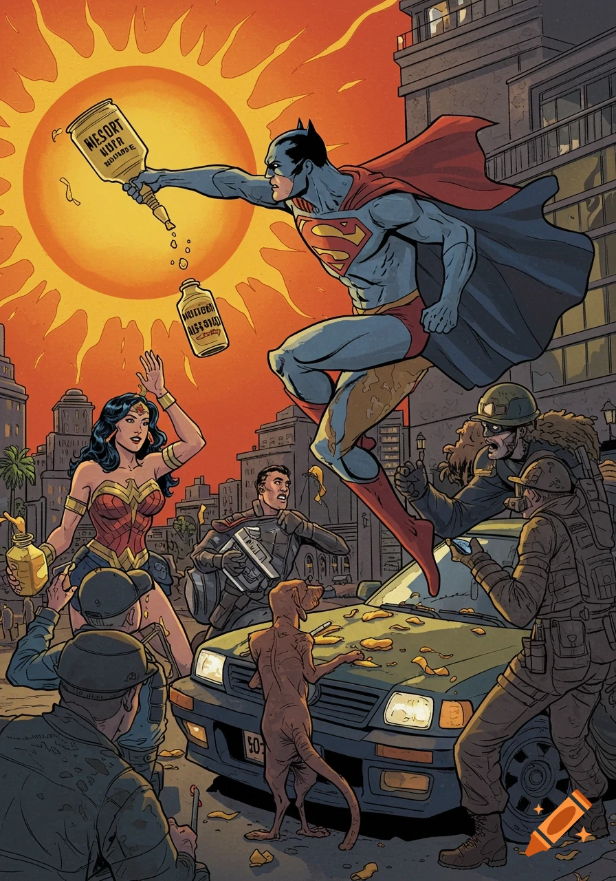 Comic art of figures resembling Justice League pouring liquid onto a car as onlookers react.