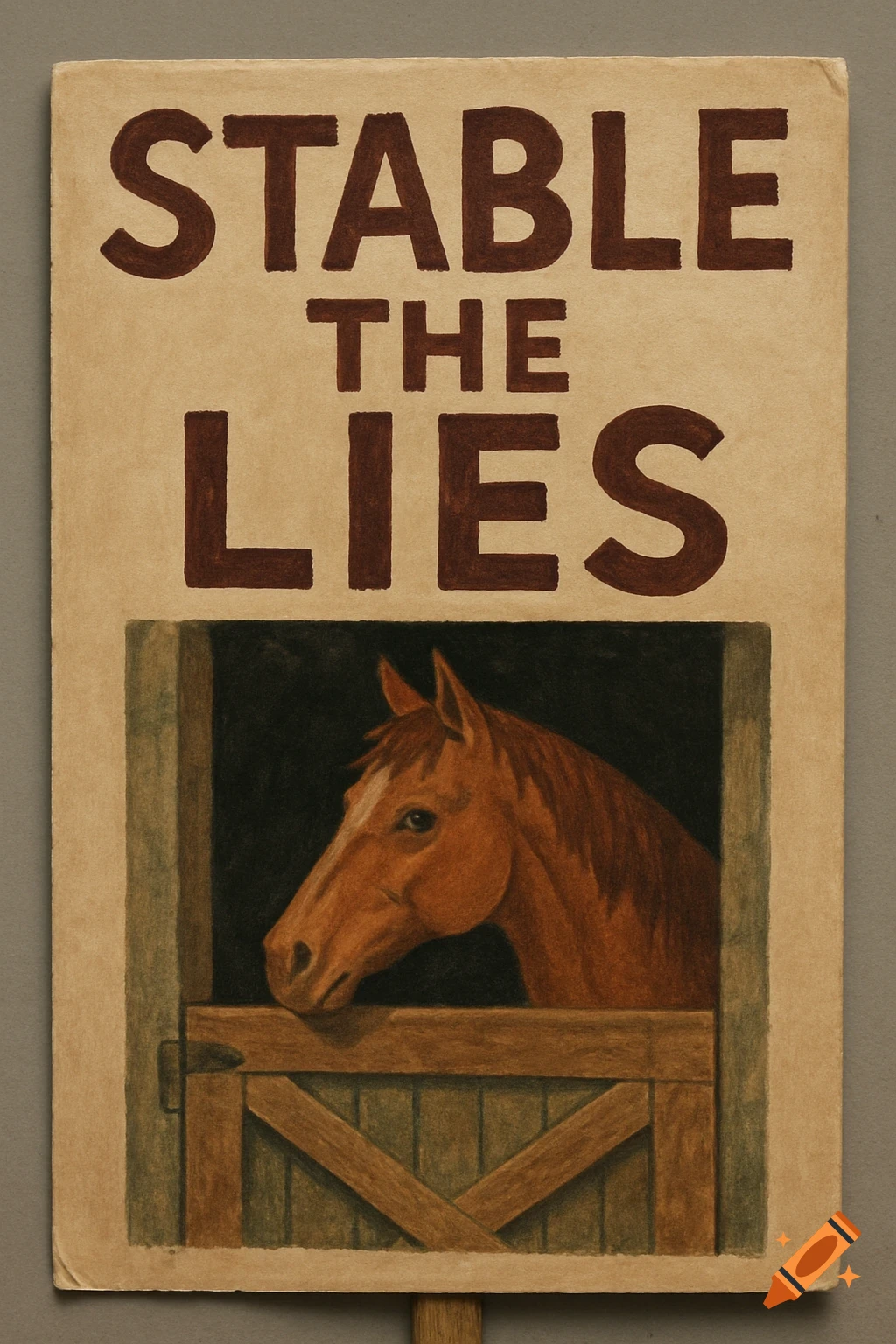 A hand-drawn placard depicts a brown horse looking out of a stable below the text 'STABLE THE LIES'.