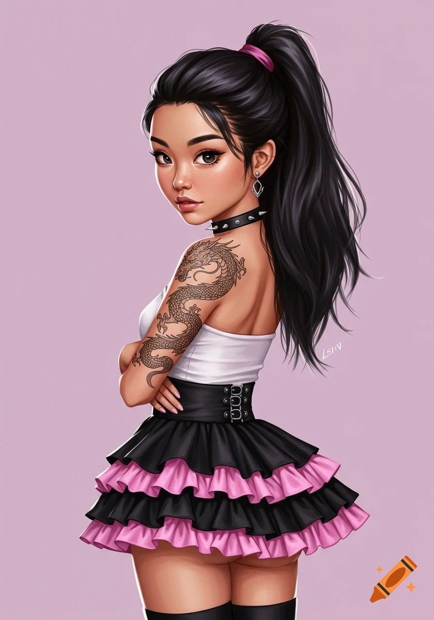 A stylized illustration of a girl with a high ponytail, dragon tattoo, and goth skirt.