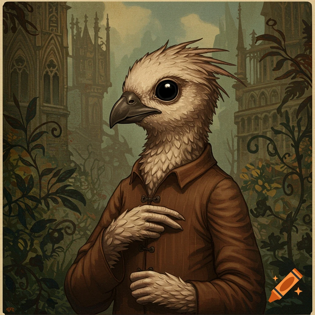 A humanoid bird in a brown coat stands in a medieval fantasy garden in an old artwork style.
