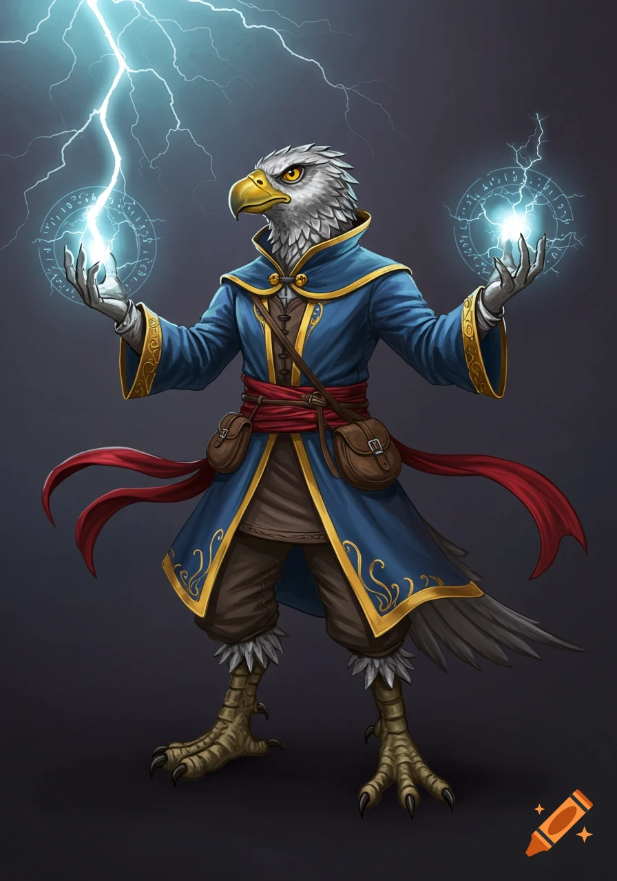 An aarakocra sorcerer in blue and gold robes casts lightning magic.