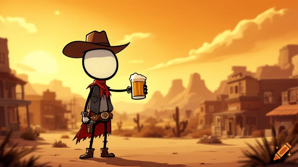 A cartoon stick figure cowboy holds a glass of beer in a dusty wild west town at sunset.