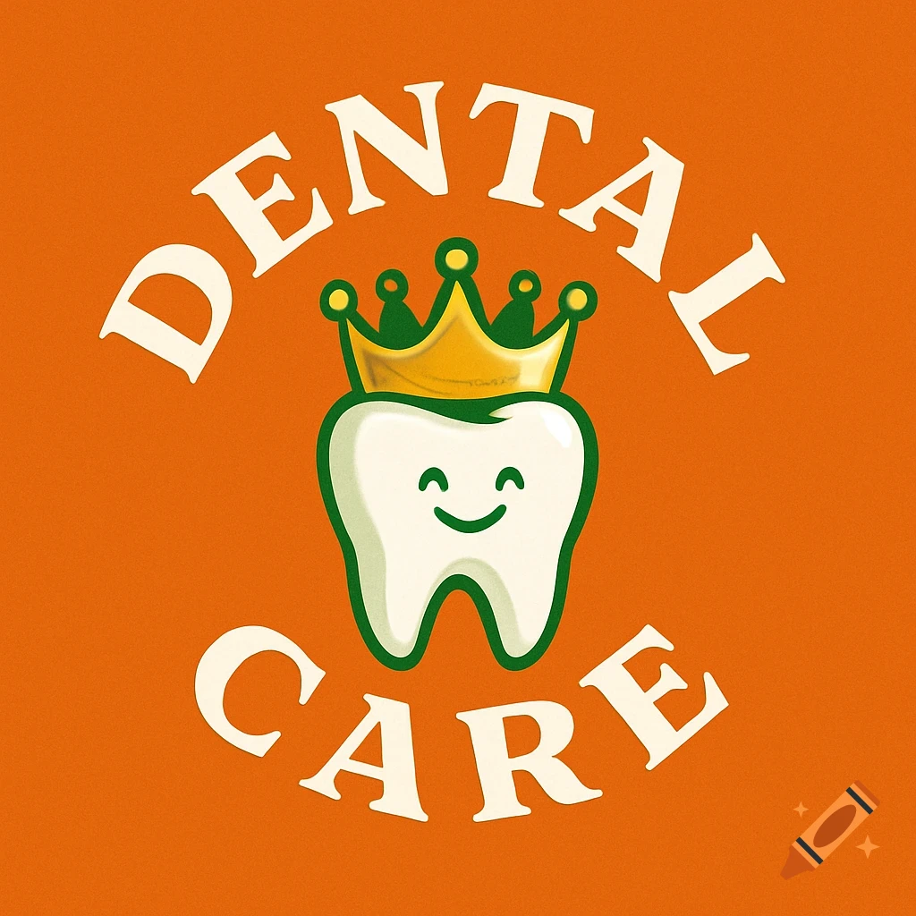 Stylized cartoon tooth with a smile wearing a crown, surrounded by arched text 'DENTAL CARE' on an orange background.